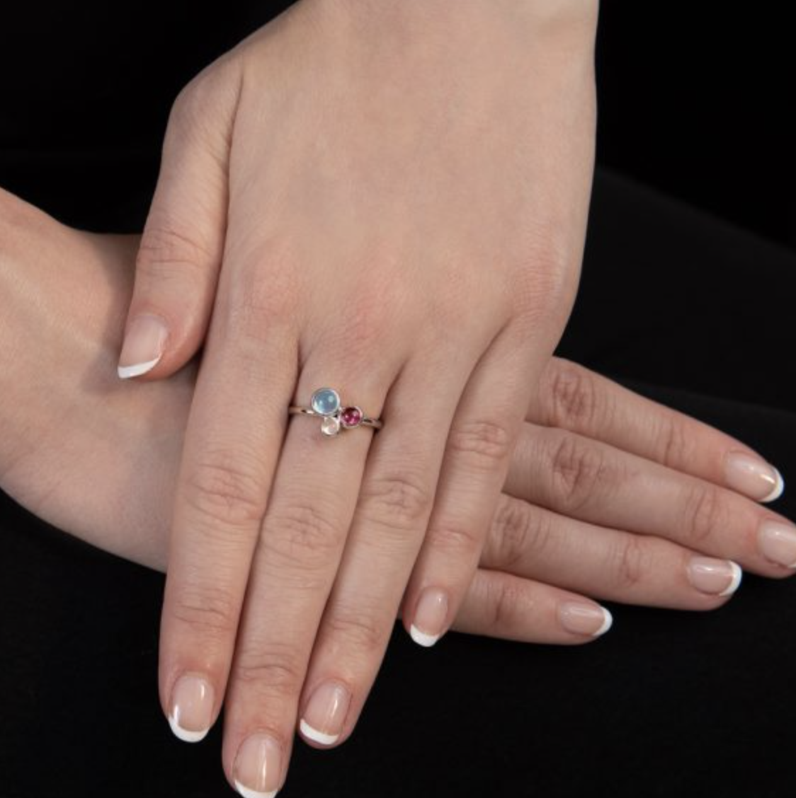 Blue Topaz, Pink Tourmaline and Moonstone Ring